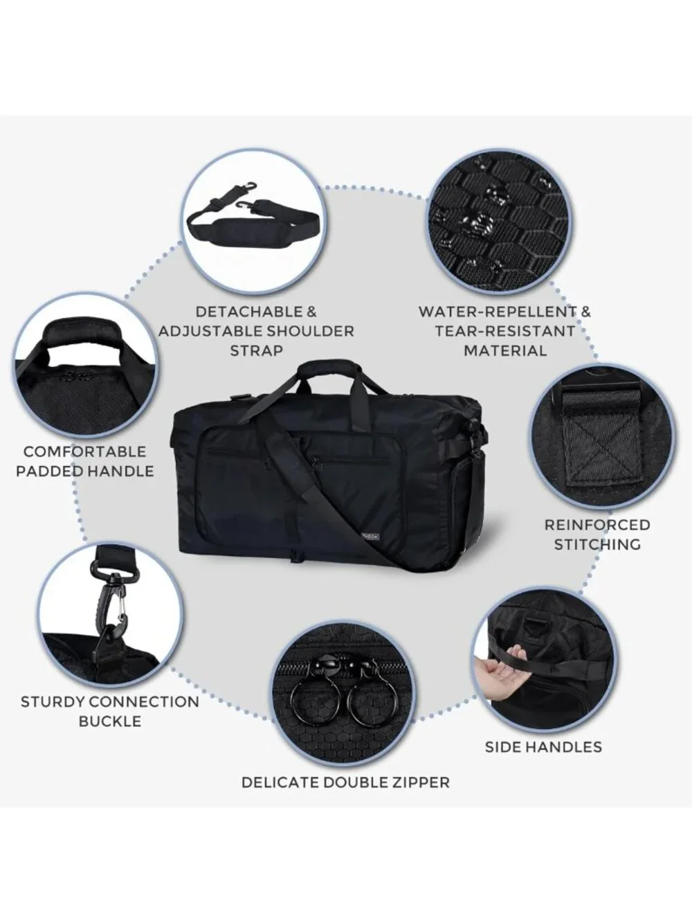 Large 65L Foldable Duffle Bag with Shoe Compartment, Water-Resistant Travel Bag